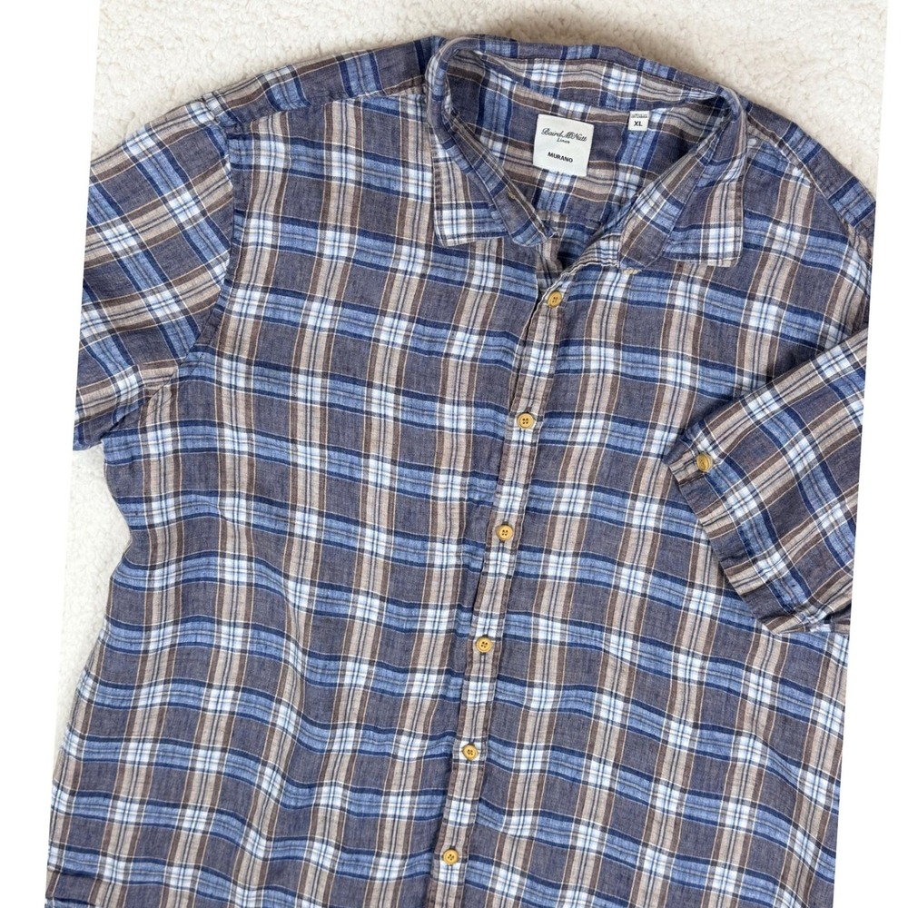 Murano Baird McNutt Linen Shirt Mens XL Blue Brown Plaid Short Sleeve Button Up